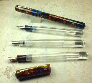 Custom Eyedropper Set, Flat No-Roll side, in Clear Acrylic, Molten Ocean, & Big Easy Lava Explosion Alumilite - Large, Extended