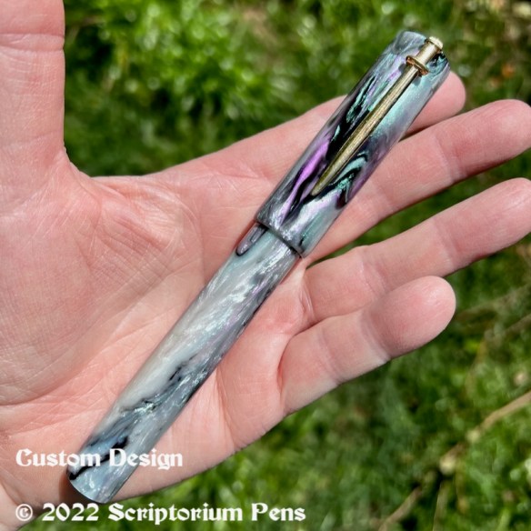 Custom Design in Black Mother of Pearl with Sword Clip in Brass and #8 Bock 18k Nib