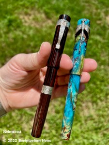 Kelmscotts in SEM Ponceau Red Ripple Ebonite and in Bob Dupras’ Dragonfly, both Small sizes