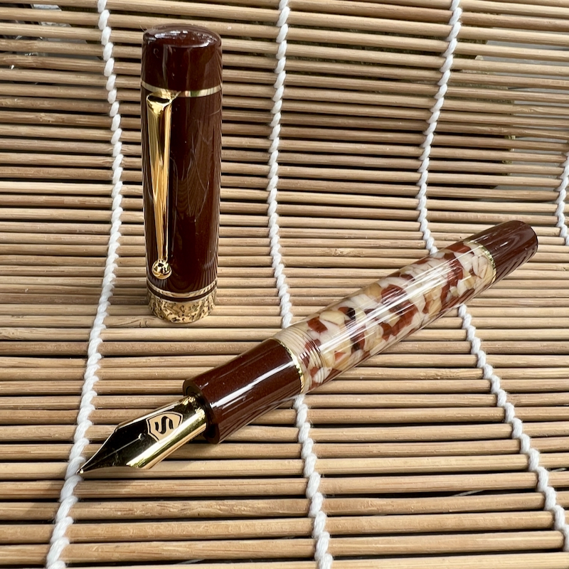 Novelist in Conway Stewart Shingle and Rich Brown Ebonite with Exclamation Clip and Hammered Brass Cap Band - Large